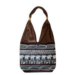 Elephant Print Boho Hobo Shoulder Bag Brown Ethnic Tribal Tote Purse